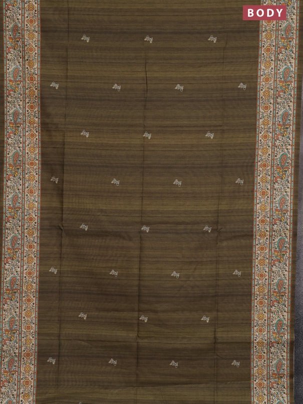 Semi tussar saree mehendi green and cream with butta prints and madhubani printed pallu & border