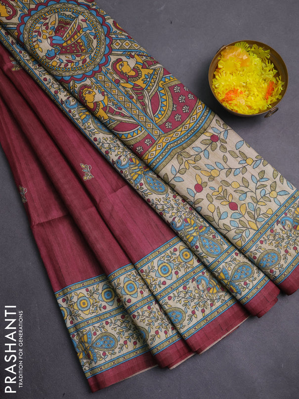 Semi tussar saree maroon and cream with butta prints and madhubani printed pallu & border