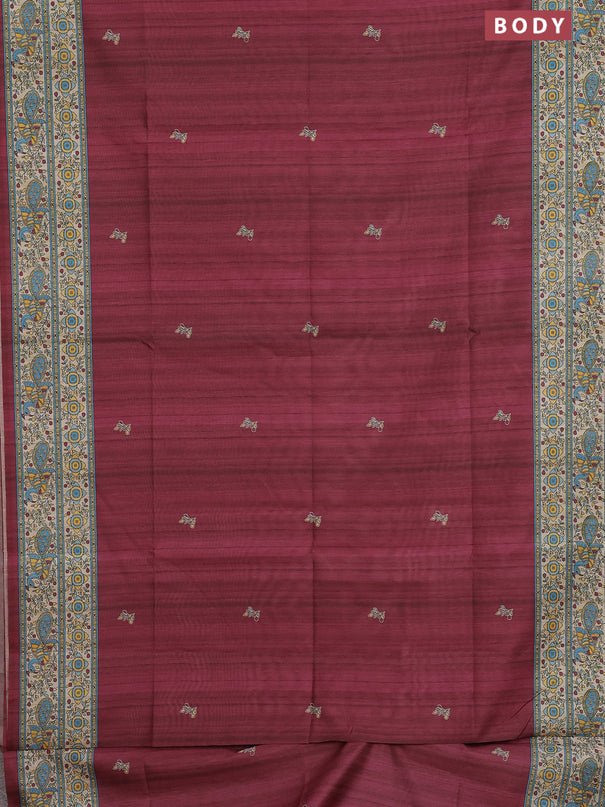 Semi tussar saree maroon and cream with butta prints and madhubani printed pallu & border