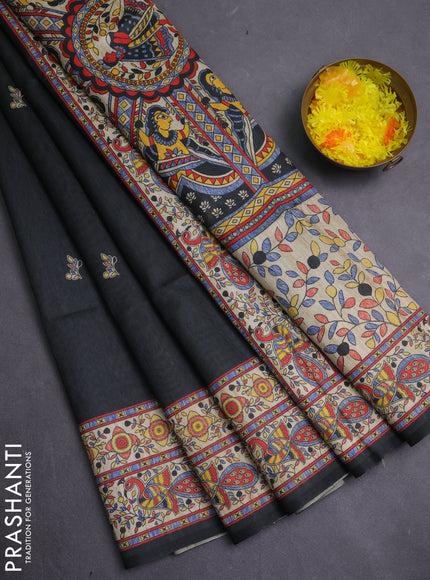 Semi tussar saree black and cream with butta prints and madhubani printed pallu & border