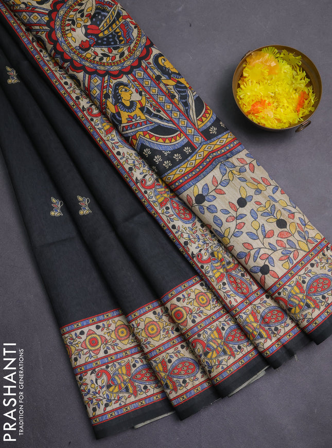 Semi tussar saree black and cream with butta prints and madhubani printed pallu & border