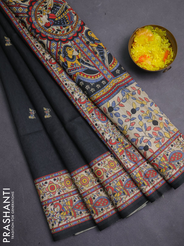 Semi tussar saree black and cream with butta prints and madhubani printed pallu & border