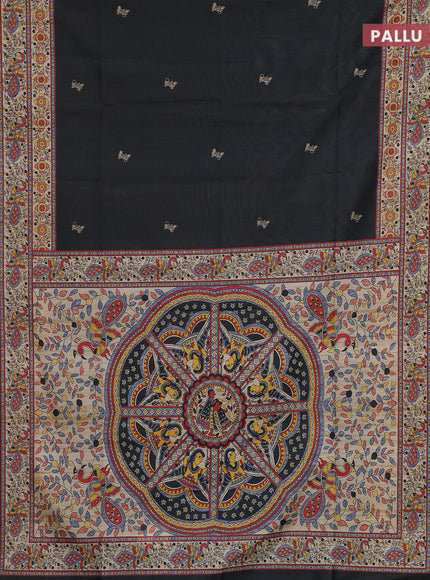 Semi tussar saree black and cream with butta prints and madhubani printed pallu & border