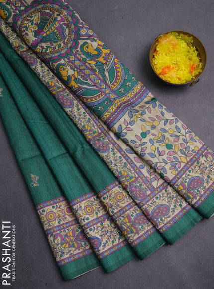 Semi tussar saree green and cream with butta prints and madhubani printed pallu & border
