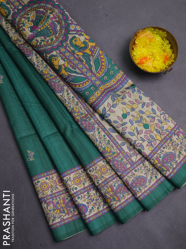 Semi tussar saree green and cream with butta prints and madhubani printed pallu & border