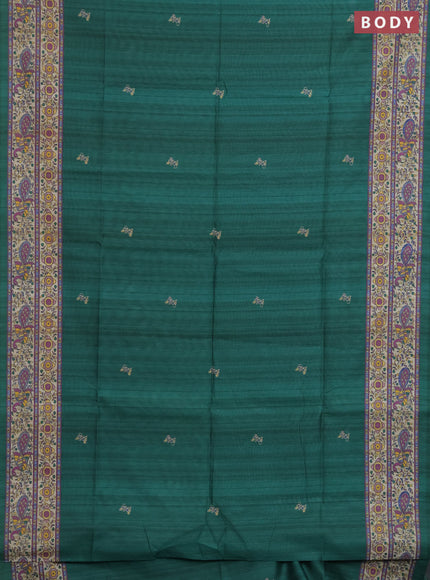 Semi tussar saree green and cream with butta prints and madhubani printed pallu & border