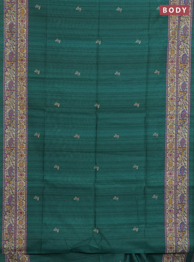 Semi tussar saree green and cream with butta prints and madhubani printed pallu & border