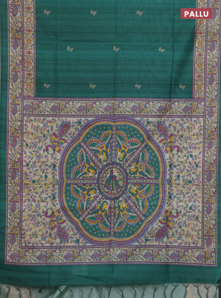 Semi tussar saree green and cream with butta prints and madhubani printed pallu & border