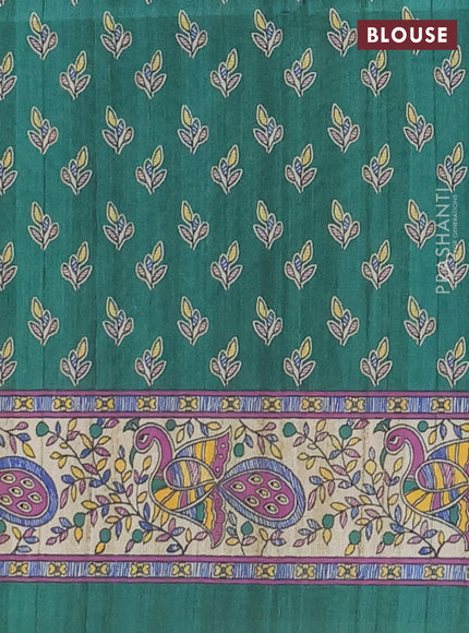 Semi tussar saree green and cream with butta prints and madhubani printed pallu & border