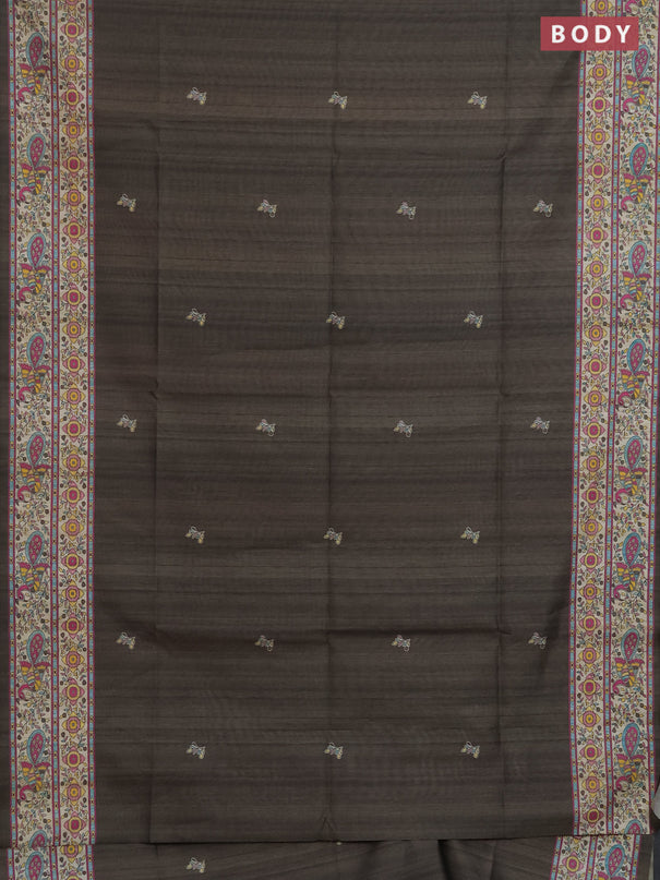 Semi tussar saree olive green and cream with butta prints and madhubani printed pallu & border