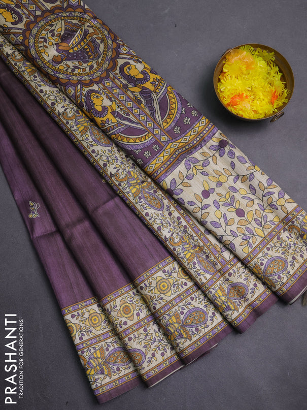 Semi tussar saree purple and cream with butta prints and madhubani printed pallu & border