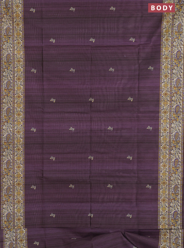 Semi tussar saree purple and cream with butta prints and madhubani printed pallu & border