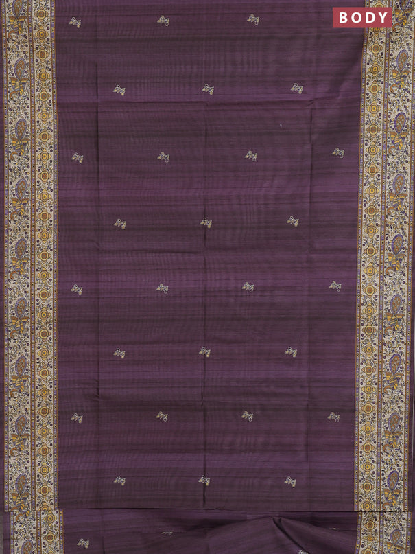 Semi tussar saree purple and cream with butta prints and madhubani printed pallu & border