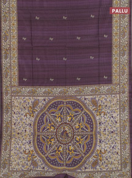 Semi tussar saree purple and cream with butta prints and madhubani printed pallu & border