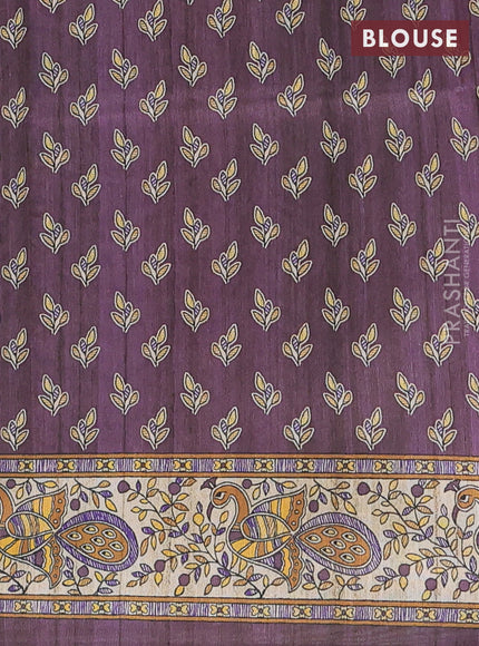 Semi tussar saree purple and cream with butta prints and madhubani printed pallu & border