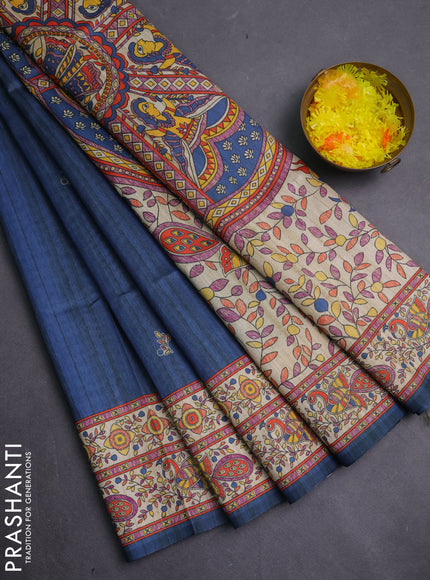 Semi tussar saree grey and cream with butta prints and madhubani printed pallu & border