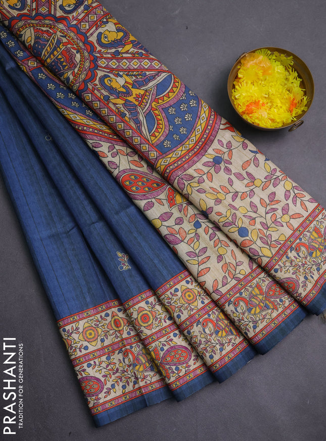 Semi tussar saree grey and cream with butta prints and madhubani printed pallu & border