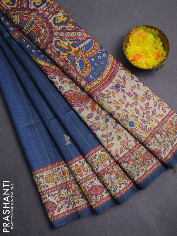 Semi tussar saree grey and cream with butta prints and madhubani printed pallu & border