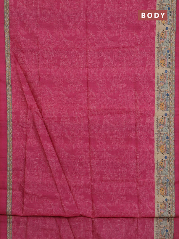 Semi tussar saree pink and beige with allover prints and madhubani printed pallu & border