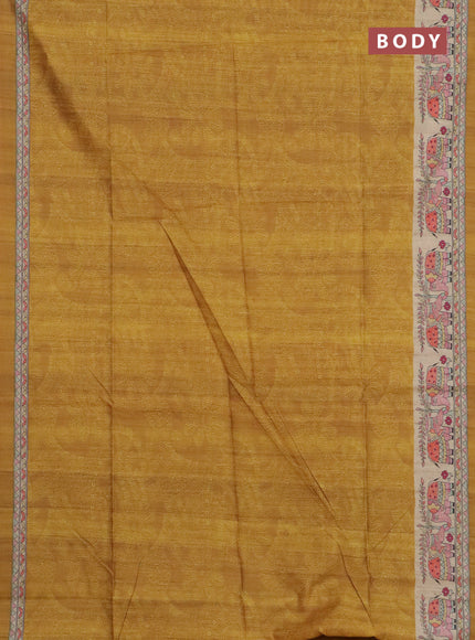 Semi tussar saree dark mustard and beige with allover prints and madhubani printed pallu & border