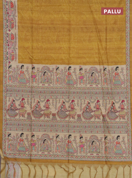 Semi tussar saree dark mustard and beige with allover prints and madhubani printed pallu & border