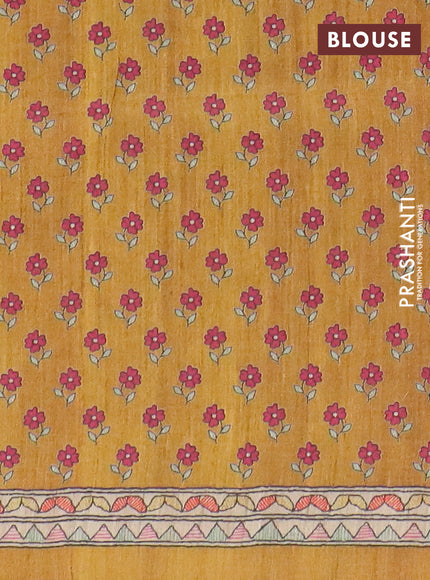 Semi tussar saree dark mustard and beige with allover prints and madhubani printed pallu & border
