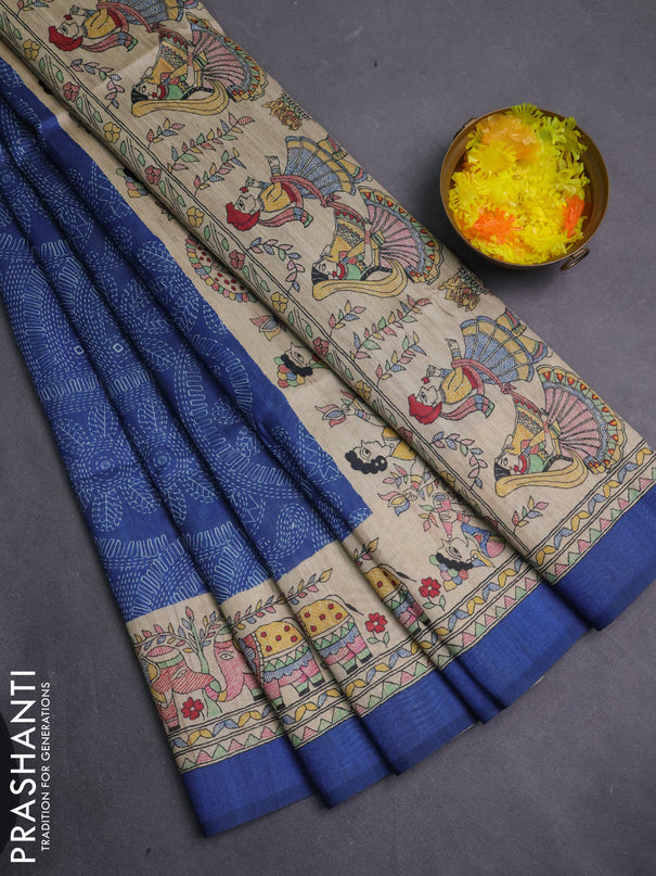 Semi tussar saree blue and beige with allover prints and madhubani printed pallu & border