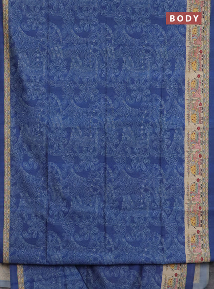 Semi tussar saree blue and beige with allover prints and madhubani printed pallu & border