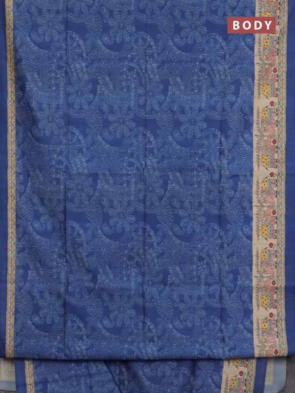 Semi tussar saree blue and beige with allover prints and madhubani printed pallu & border