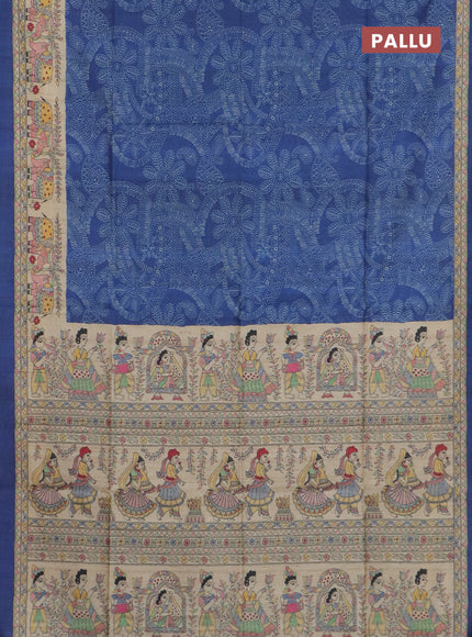 Semi tussar saree blue and beige with allover prints and madhubani printed pallu & border