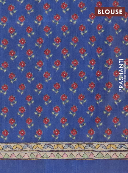 Semi tussar saree blue and beige with allover prints and madhubani printed pallu & border