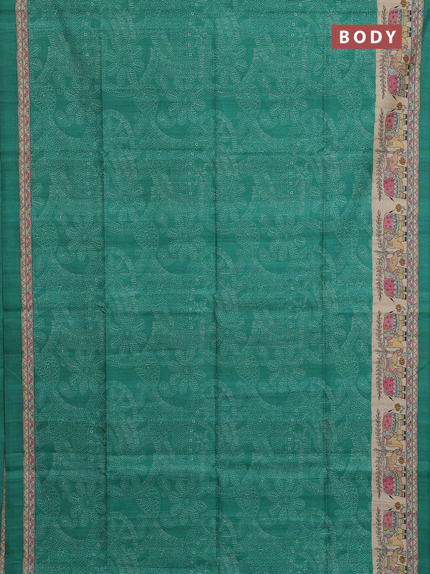 Semi tussar saree green and beige with allover prints and madhubani printed pallu & border