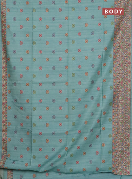 Semi tussar saree teal green and beige with allover butta prints and madhubani printed pallu & border