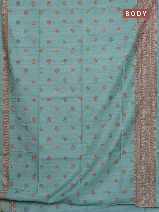Semi tussar saree teal green and beige with allover butta prints and madhubani printed pallu & border