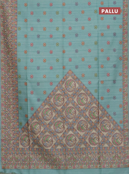 Semi tussar saree teal green and beige with allover butta prints and madhubani printed pallu & border