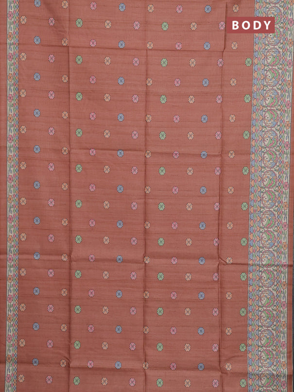Semi tussar saree brown and beige with allover butta prints and madhubani printed pallu & border