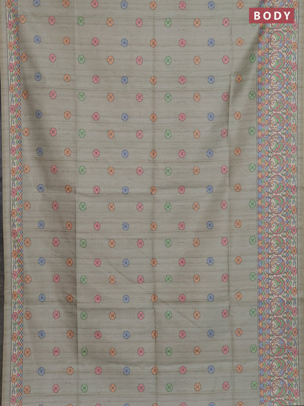 Semi tussar saree pastel grey and beige with allover butta prints and madhubani printed pallu & border