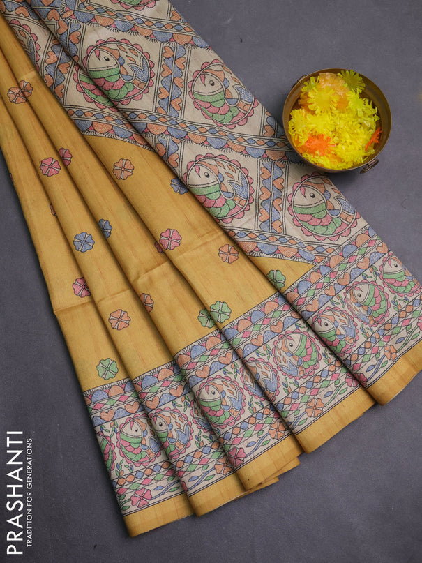 Semi tussar saree mustard yellow and beige with allover butta prints and madhubani printed pallu & border