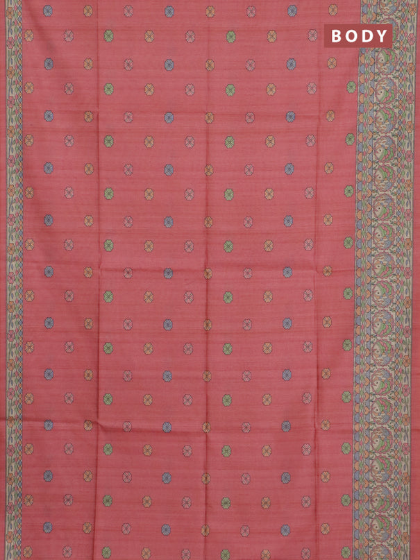 Semi tussar saree peach pink and beige with allover butta prints and madhubani printed pallu & border