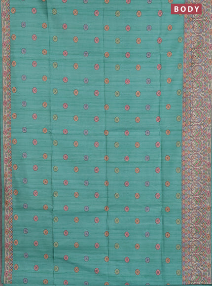 Semi tussar saree teal green and beige with allover butta prints and madhubani printed pallu & border