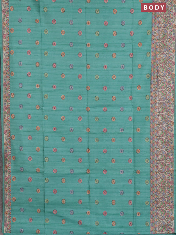 Semi tussar saree teal green and beige with allover butta prints and madhubani printed pallu & border