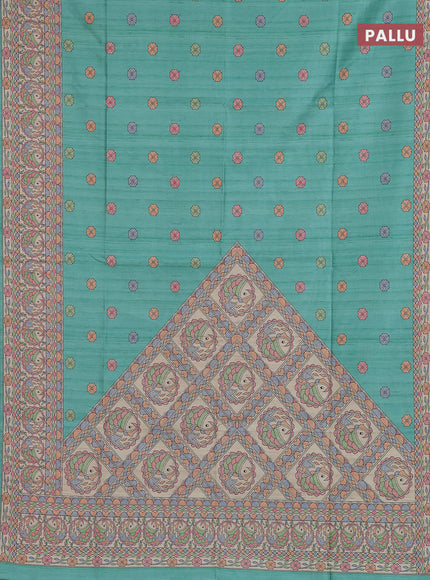 Semi tussar saree teal green and beige with allover butta prints and madhubani printed pallu & border