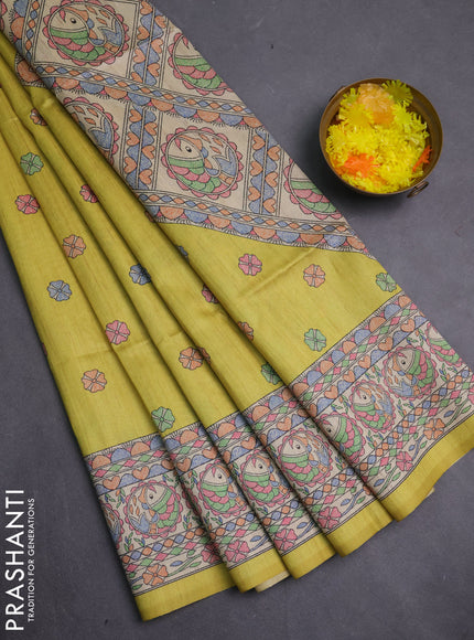 Semi tussar saree lime yellow and beige with allover butta prints and madhubani printed pallu & border