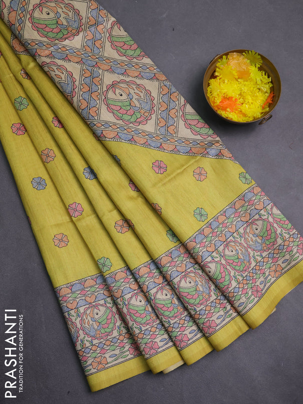 Semi tussar saree lime yellow and beige with allover butta prints and madhubani printed pallu & border