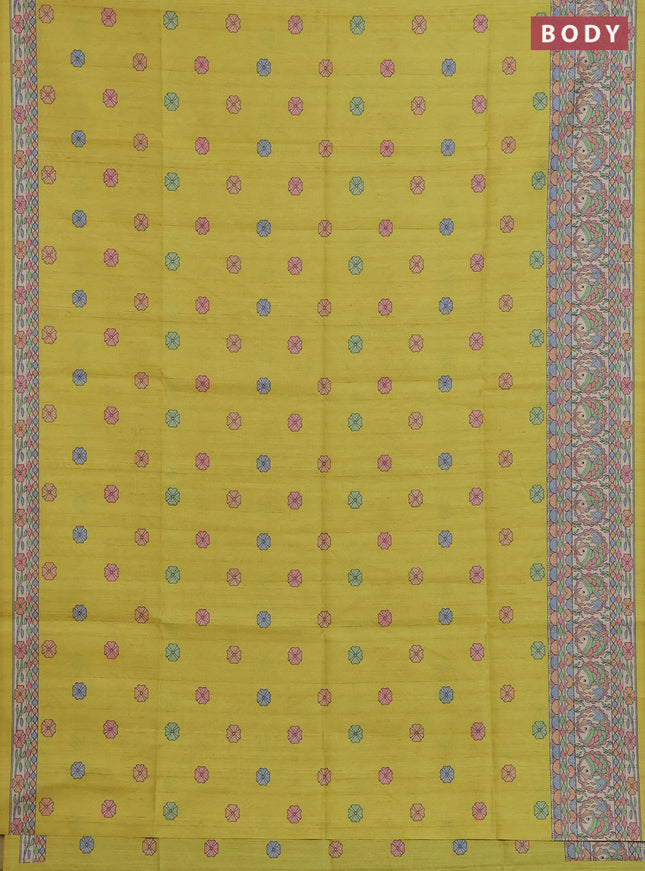 Semi tussar saree lime yellow and beige with allover butta prints and madhubani printed pallu & border