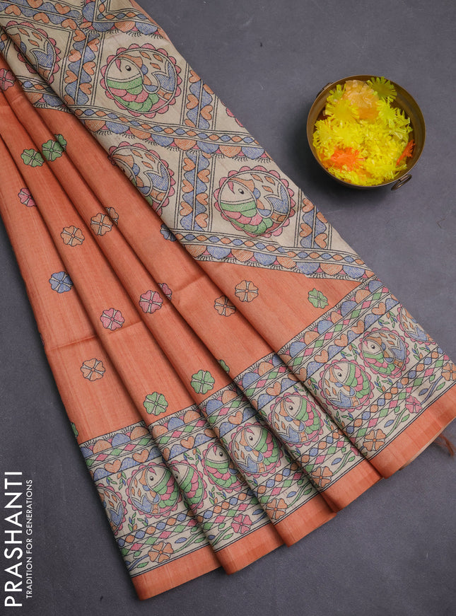 Semi tussar saree orange and beige with allover butta prints and madhubani printed pallu & border