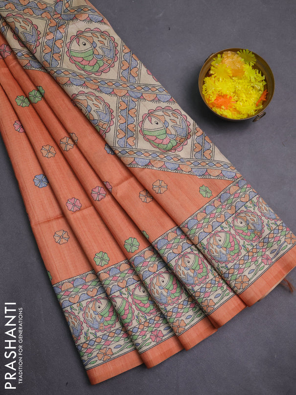 Semi tussar saree orange and beige with allover butta prints and madhubani printed pallu & border