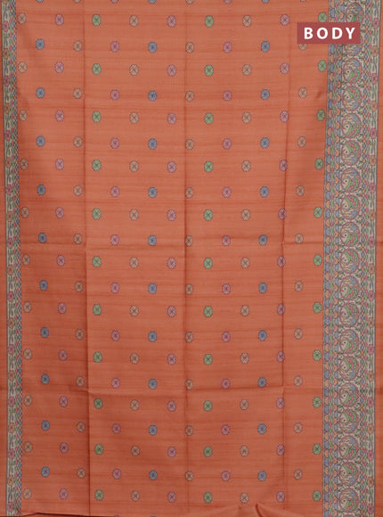 Semi tussar saree orange and beige with allover butta prints and madhubani printed pallu & border