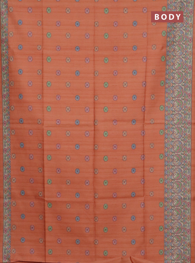 Semi tussar saree orange and beige with allover butta prints and madhubani printed pallu & border