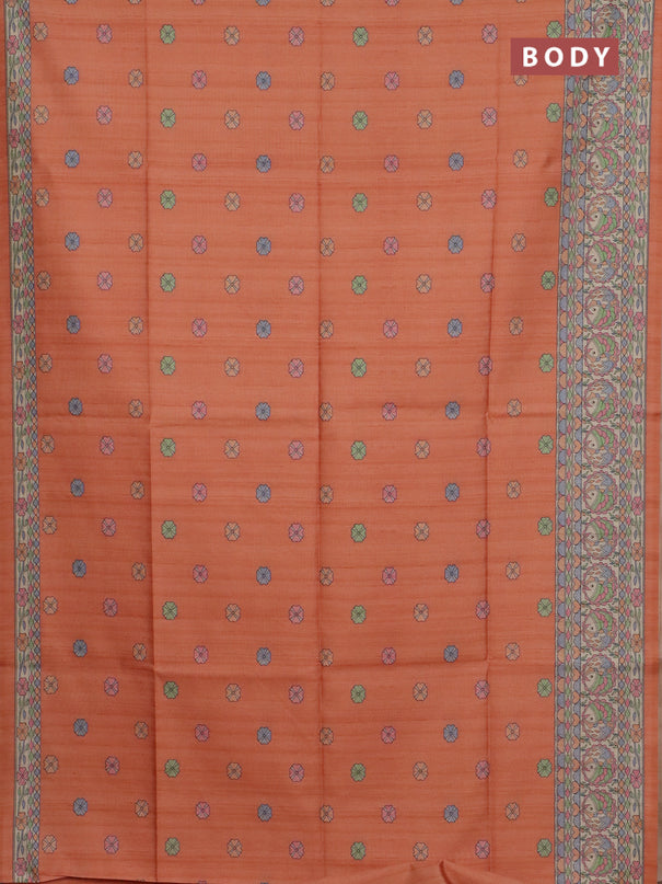 Semi tussar saree orange and beige with allover butta prints and madhubani printed pallu & border
